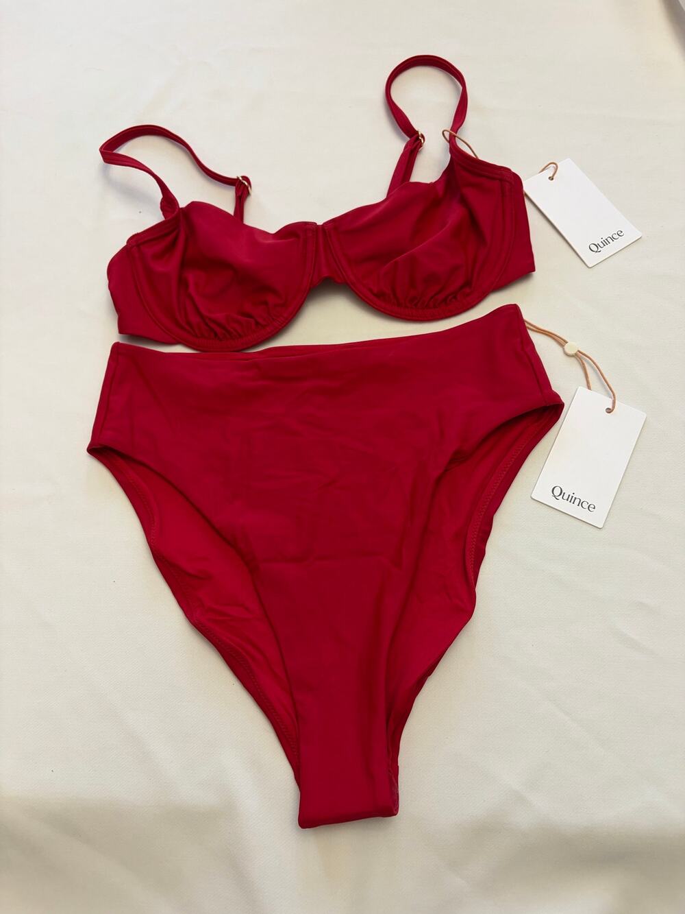 Quince Cherry Red Two Piece Bikini Demi Top & High Rise High Leg Bottoms Med NEW